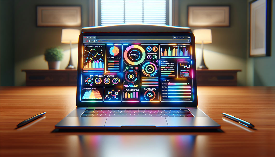Een laptop met verschillende SEO tools en grafieken