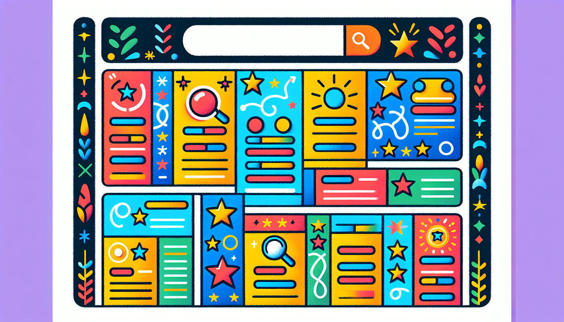 Een illustratie van een zoekmachine die resultaten toont met de tekst 'topposities in Google' erboven