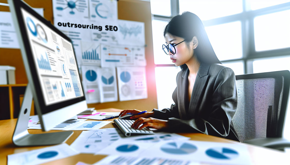 Een foto van een professional die gegevens analyseert op een computer, gerelateerd aan SEO uitbesteden