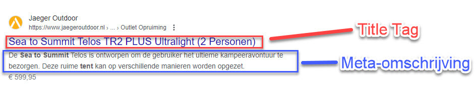 Sea to Summit title tag en meta-omschrijving voorbeeld