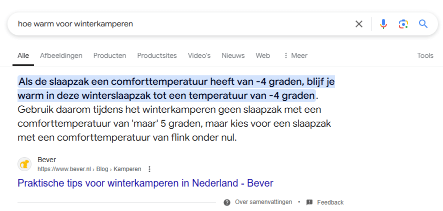 search-intent-online-kampeerwinkel featured snippet voorbeeld